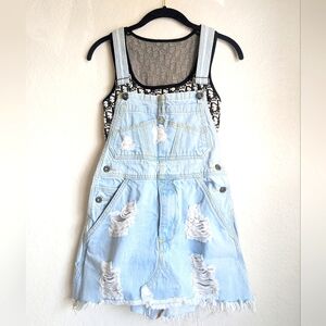CARMAR Bib Overalls Mini Dress Light Blue Distressed Denim XS 💕